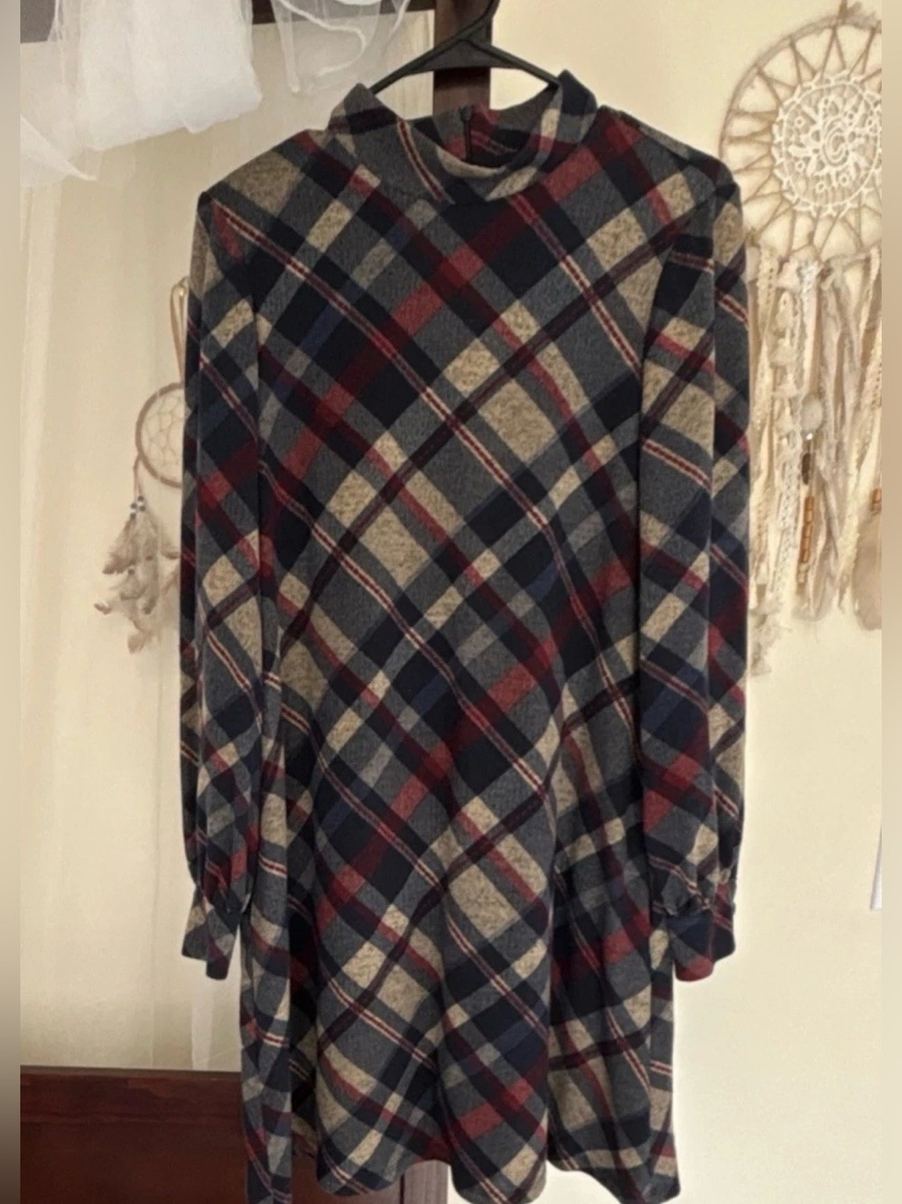 Plaid Turtleneck Sweater Dress in Navy, Burgundy, Cream